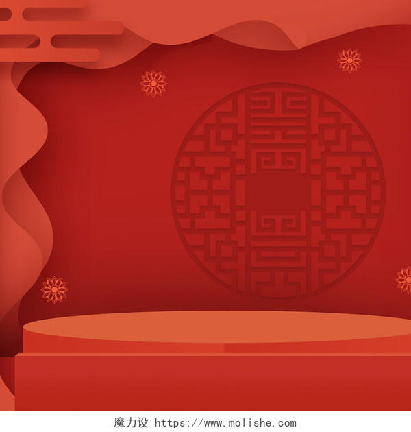 3D年货节C4D红色剪纸窗格年货节新年春节淘宝天猫淘宝展台主图背景